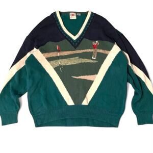 Vintage Cotton Traders Golf Intarsia Knit Sweater Navy Green XL